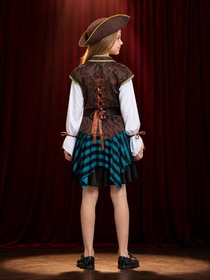 Kids Pirate Captain Costume Set with Striped Skirt, Vest, Hat and Belt back view