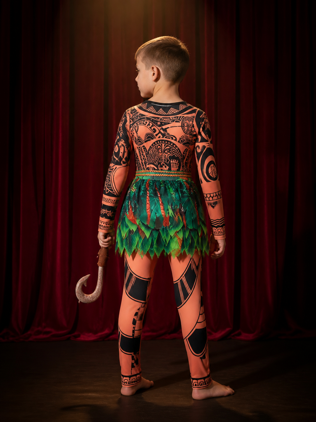 Boy's Moana Tribal Print Onesie Costume Set with Fish Hook, Halloween Outfit back view