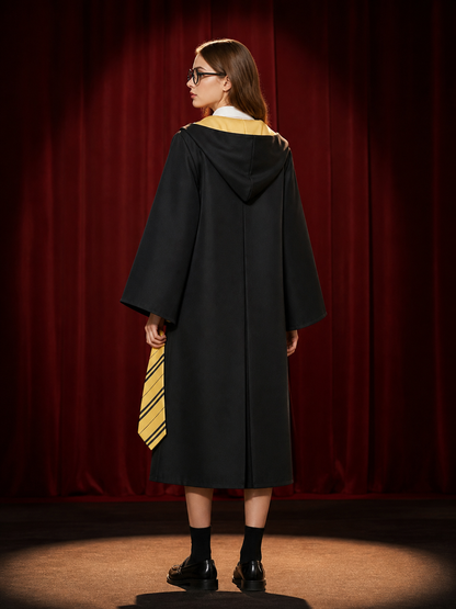 Wizard Costume Set, Hooded Black Robe with Round Glasses and Striped Tie