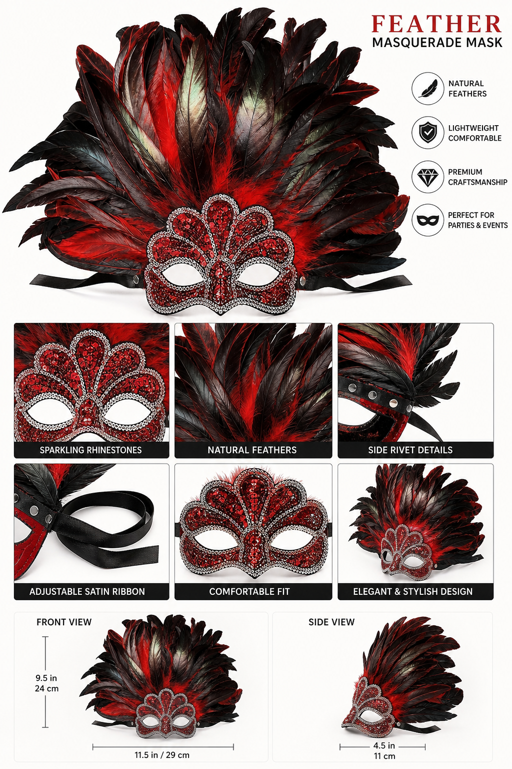 Red and black feather carnival headpiece product view 19