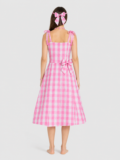 Cosplay Dress in a Large Pink-and-White Checkered Pattern with Bow back view