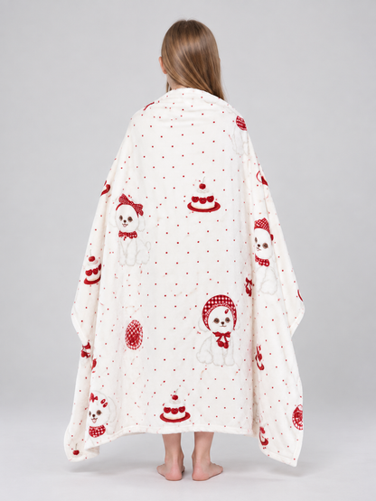 Double-sided blanket with a dog and cherry pastries print