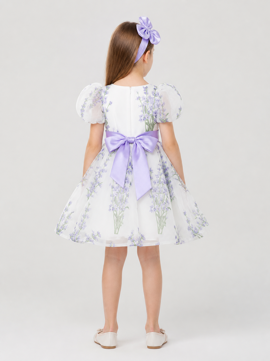Girls’ Princess Dress with Puff Sleeves and a Bow back view