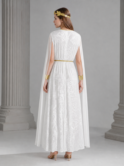 Women’s Greek Goddess Costume Dress, 4-Piece White Draped Outfit with Cape Panels, Leaf Crown Headband and Gold Wrist Cuffs for Cosplay Parties