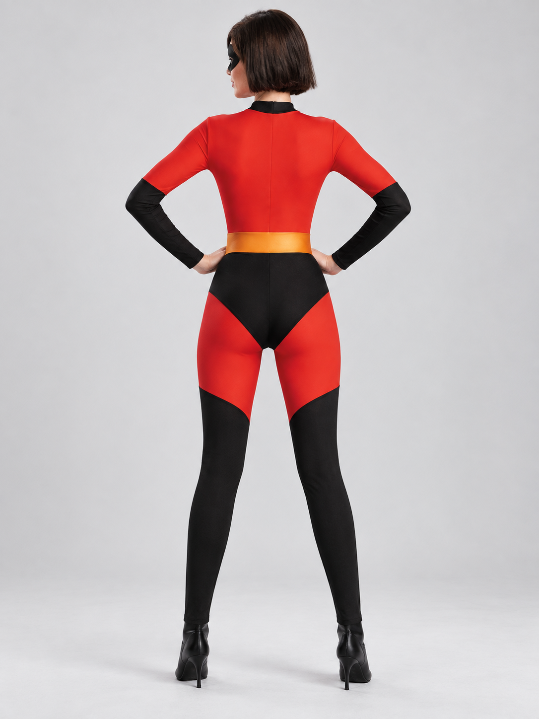 Red superhero costume with a yellow-orange belt and mask