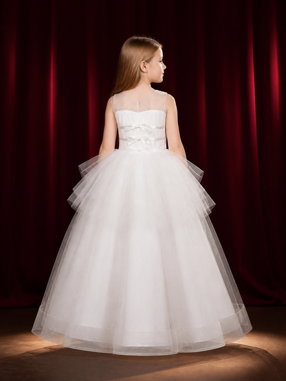 Girls' White Princess Dress, Sleeveless Layered Tulle Floor-Length Gown
