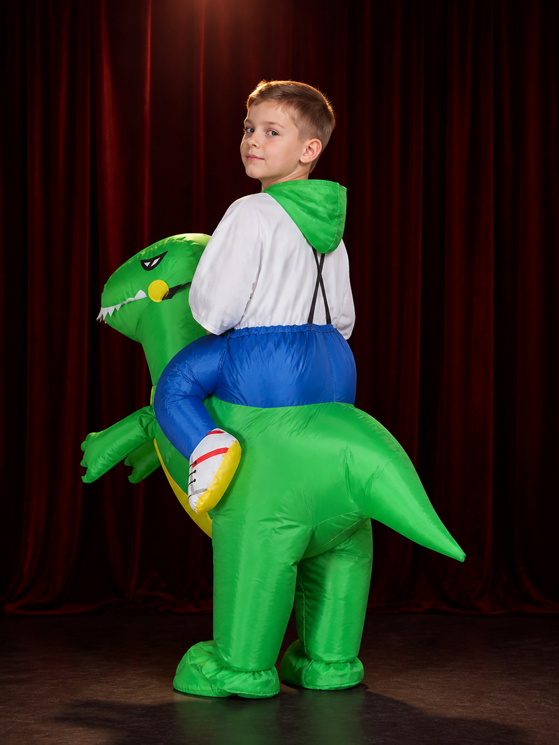 Kids Inflatable Dinosaur Costume With Yellow Belly And White Teeth back view