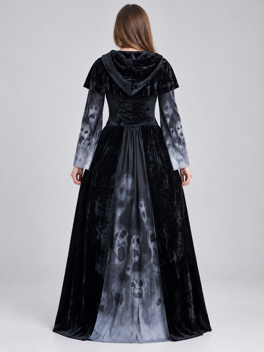 Black Hooded Carnival Dress with Skull Print