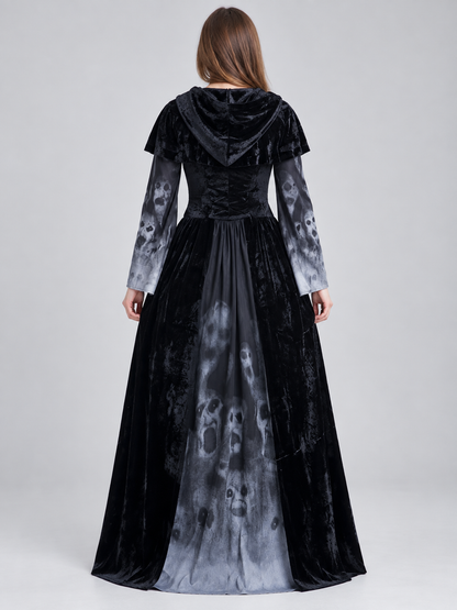 Black Hooded Carnival Dress with Skull Print