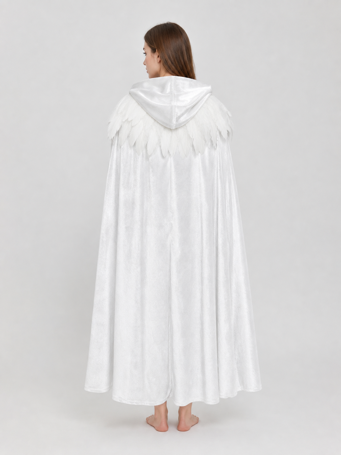 Velvet Hooded Feather Cape with Ties