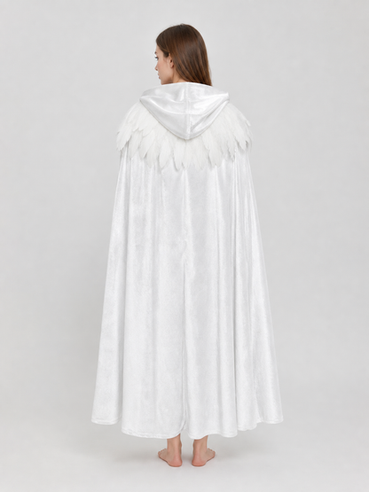 Velvet Hooded Feather Cape with Ties
