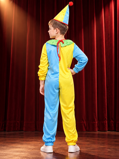 Kids' Clown Costume: Jumpsuit and Hat, Blue and Yellow