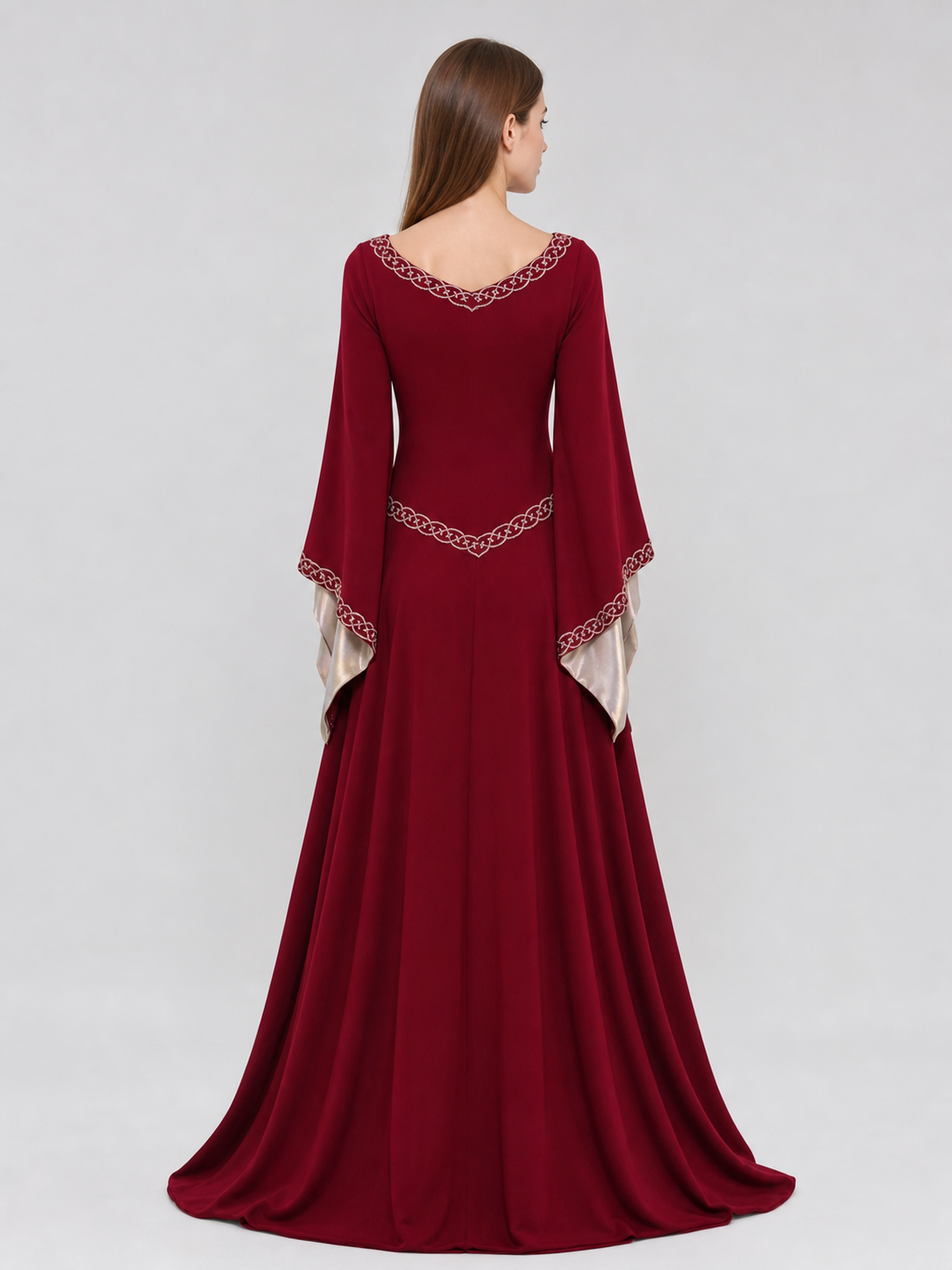 Floor-Length Dress with Long Sleeves and Decorative Trim