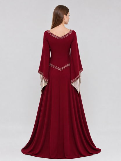 Floor-Length Dress with Long Sleeves and Decorative Trim