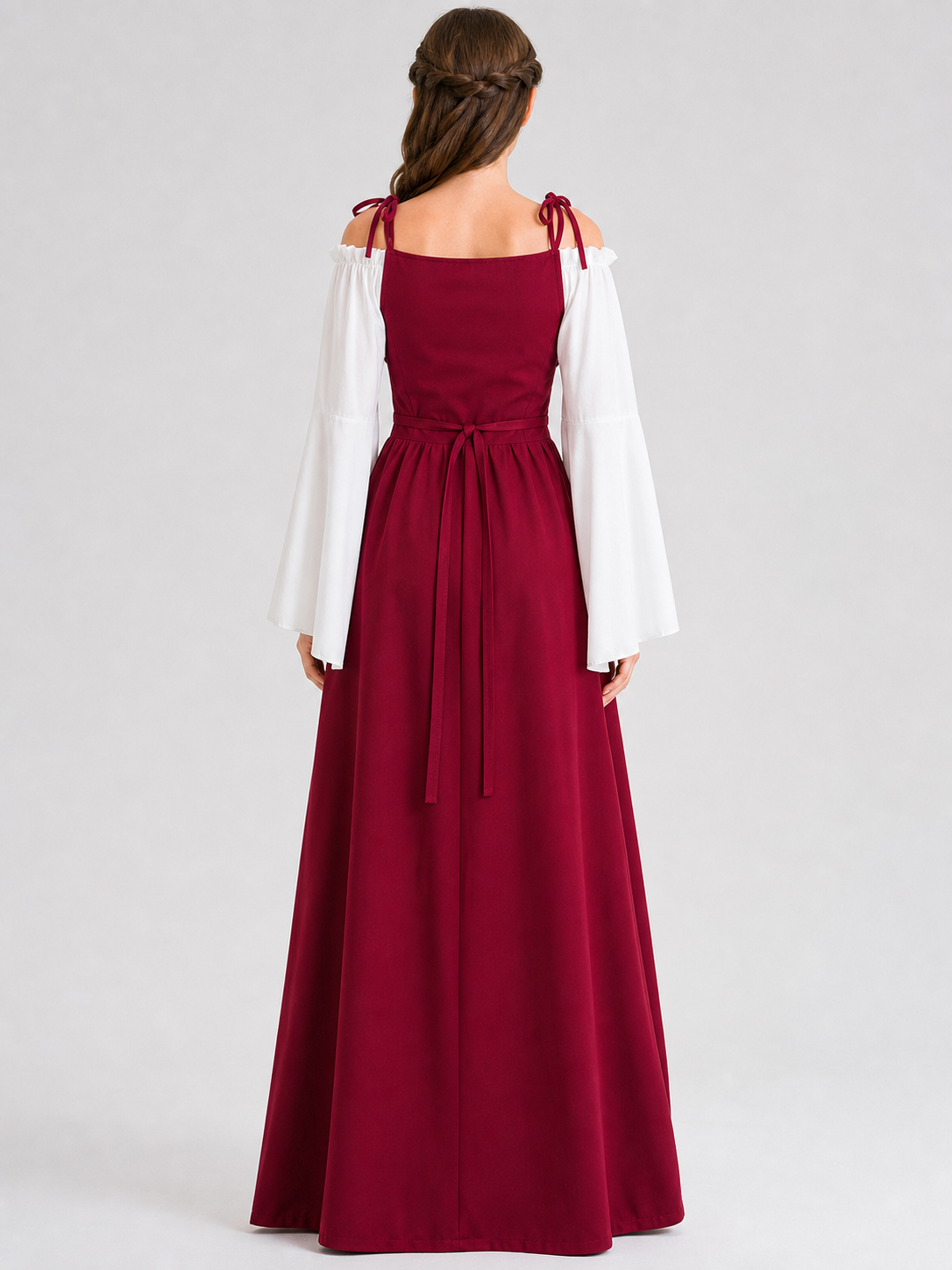 This is a retro-style historical costume for creating the look of a princess, queen, or theater performer. The outfit combines white and wine-red colors, creating a striking and distinctive appearance. The white top features wide sleeves, s