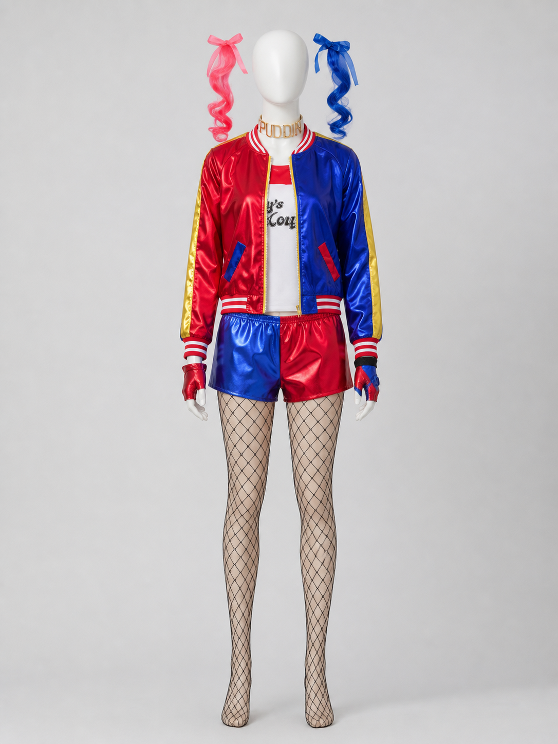Harley Quinn Costume: Jacket, Shorts, Wig, and Accessories back view