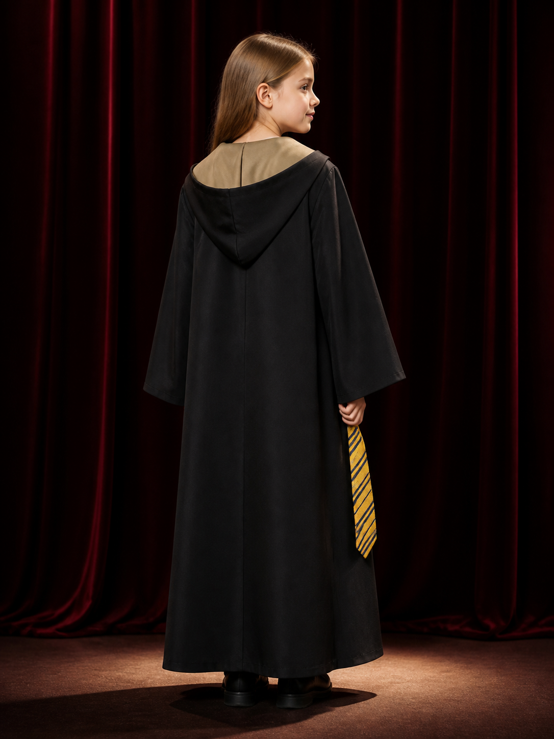 Hufflepuff Wizard Robe Costume Set, Hooded Long Cloak With Tie back view