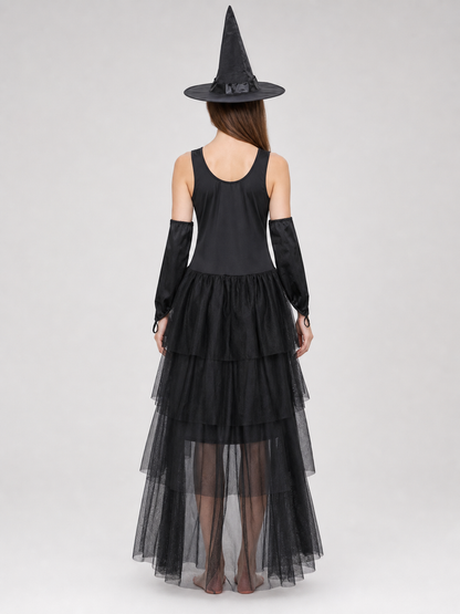 The set includes a black sleeveless dress, a pointed witch hat, separate back view