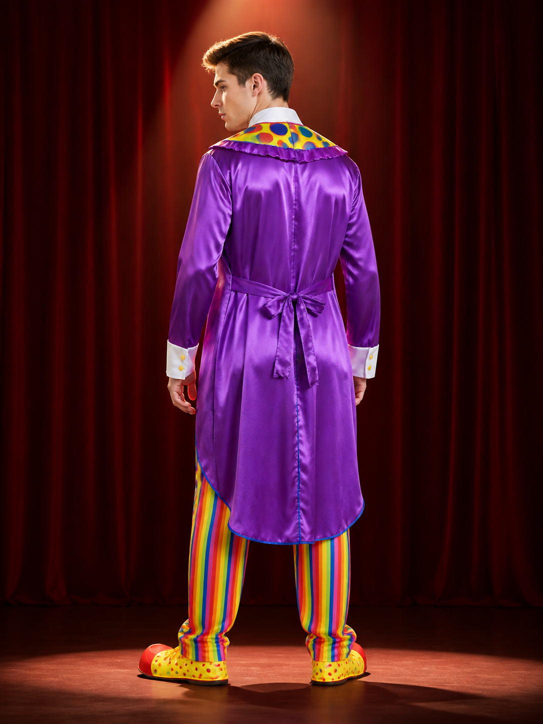 Adult Unisex Clown Halloween Costume Set with Colorful Striped Jumpsuit and back view