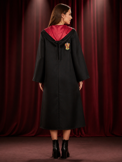 Wizard Robe Costume Set, Hooded Long Cape with School Crest and Red Gold Striped back view