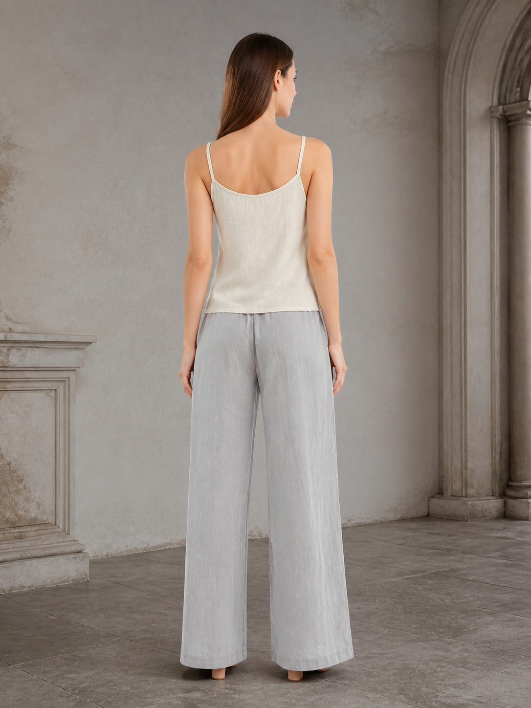 Gray wide-leg jeans with a drawstring and elastic waistband back view 4