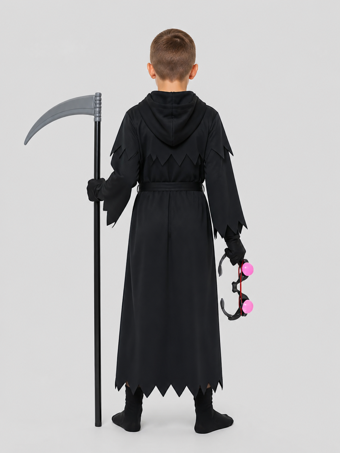 Grim Reaper Cosplay Costume with Scythe and Glowing Glasses back view