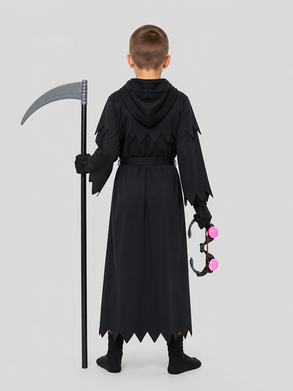 Grim Reaper Cosplay Costume with Scythe and Glowing Glasses back view