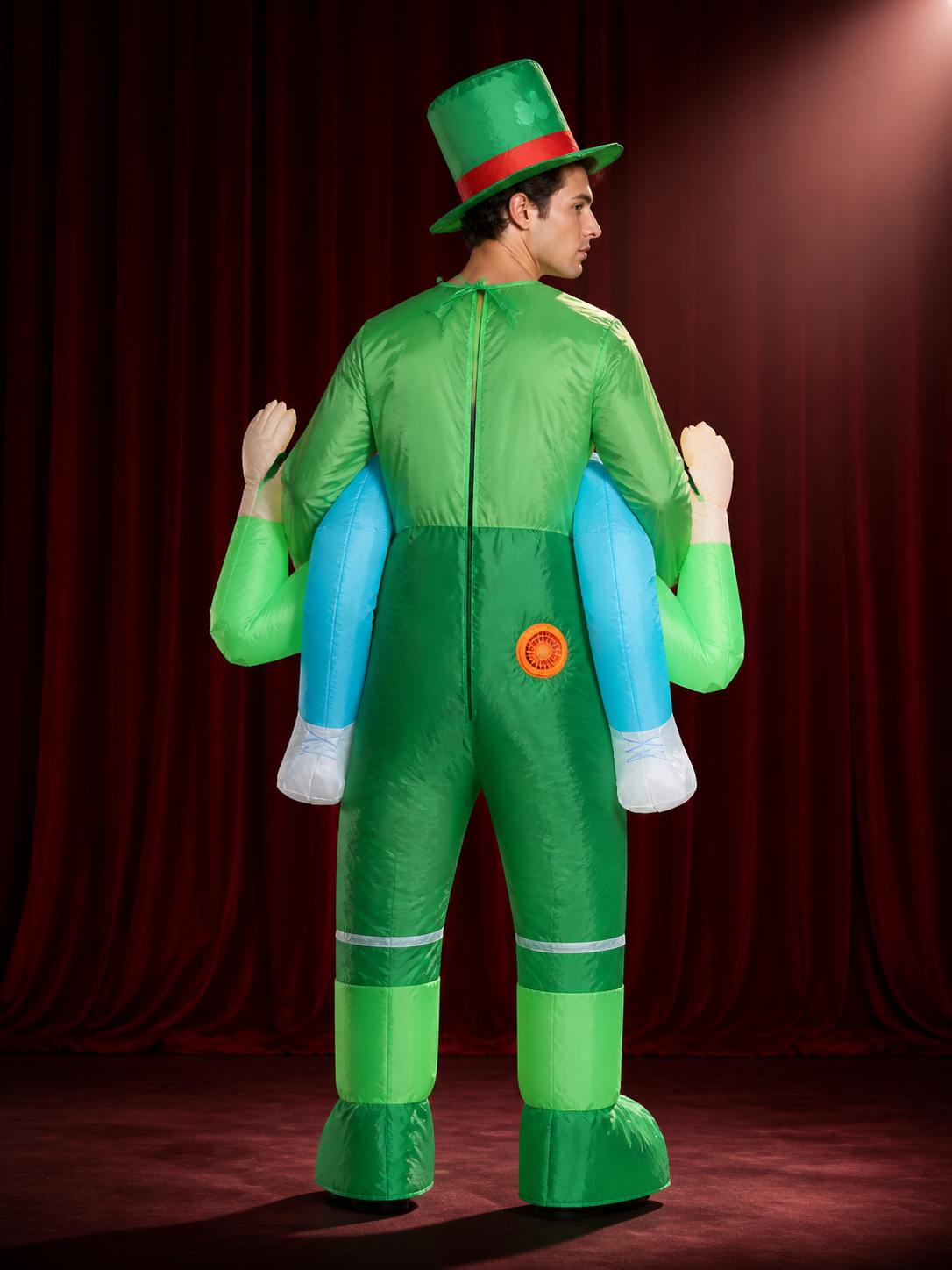 Leprechaun Inflatable Costume, Full Body Blow Up Outfit with Hat and Shamrock back view