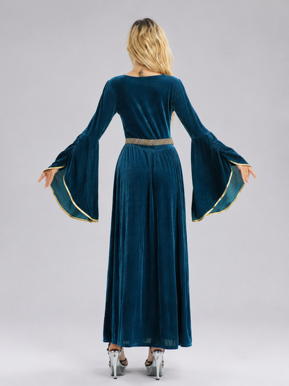 Blue Carnival Velour Dress with Gold-Tone Trim back view