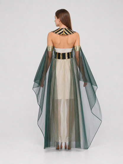 Women’s Egyptian Pharaoh Queen Halloween Cosplay Dress Set with Headpiece, Belt, Arm Accessories and Draped Sleeves for Stage Performance