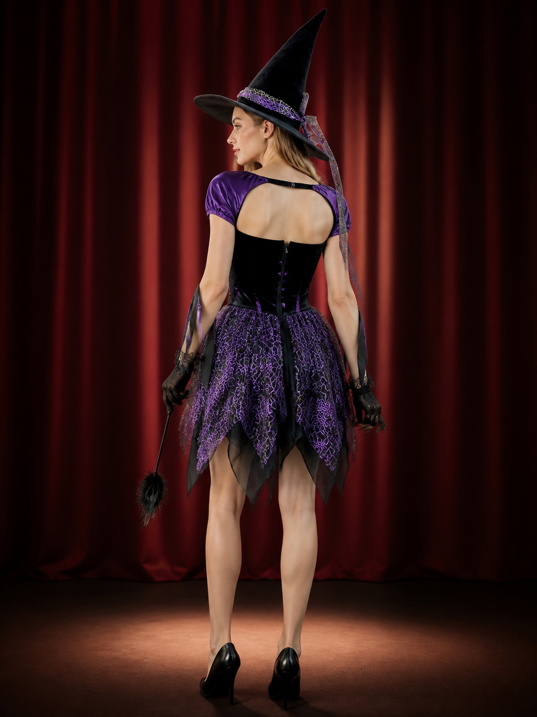 Gothic Witch Costume Dress, Black And Purple Spiderweb Asymmetrical Skirt back view