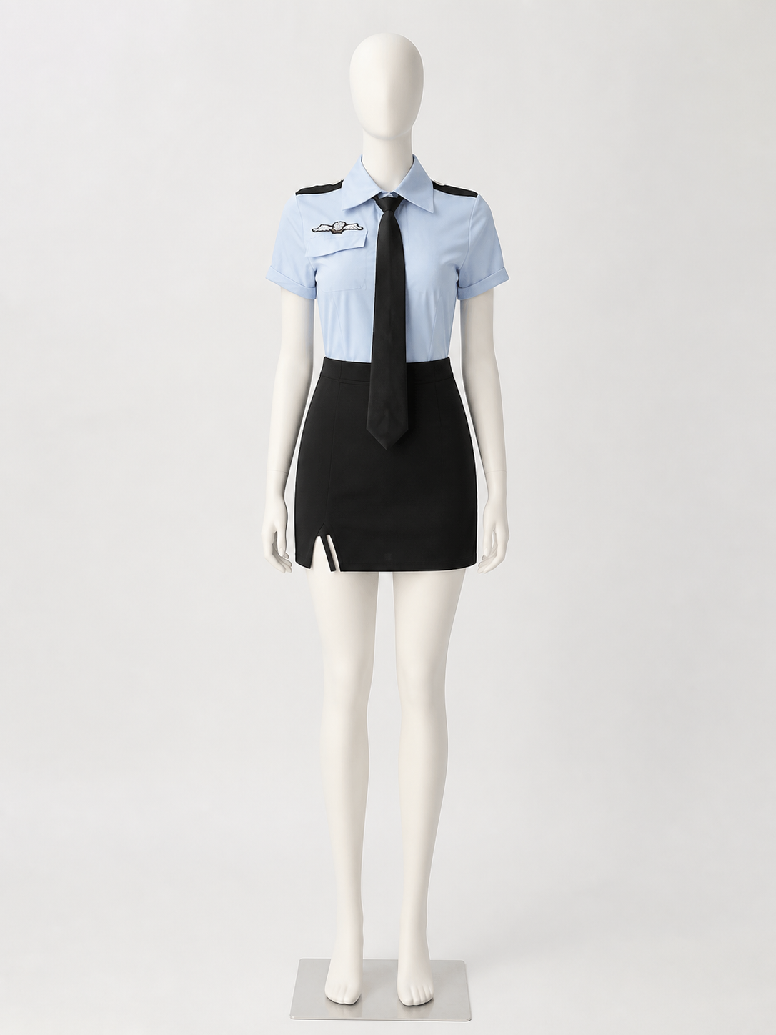 Women's Sexy Police Costume Set with Short Sleeve Top, Tie, and High Waist Skirt back view