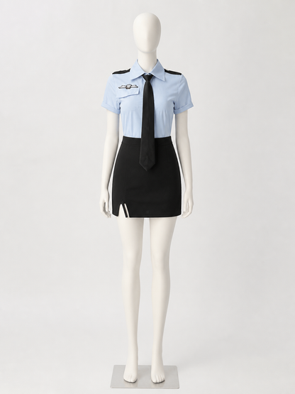 Women's Sexy Police Costume Set with Short Sleeve Top, Tie, and High Waist Skirt back view