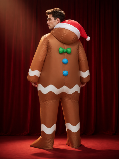 Adult Inflatable Gingerbread Man Costume with Santa Hat and Bow Tie, Funny back view