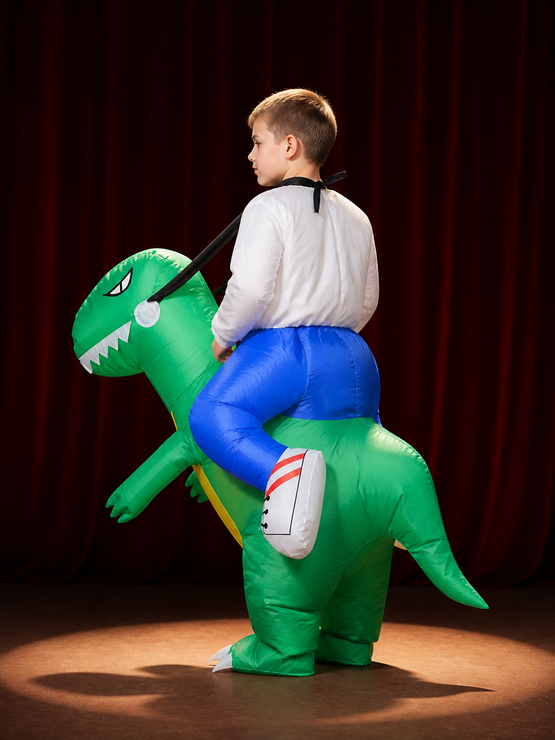 Green Inflatable Dinosaur Costume with White Teeth and Long Tail for Halloween back view