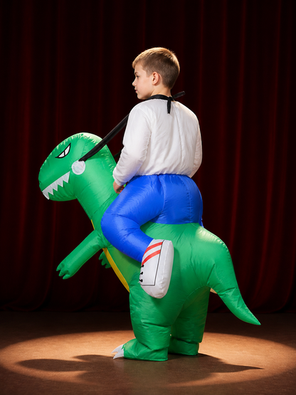 Green Inflatable Dinosaur Costume with White Teeth and Long Tail for Halloween back view