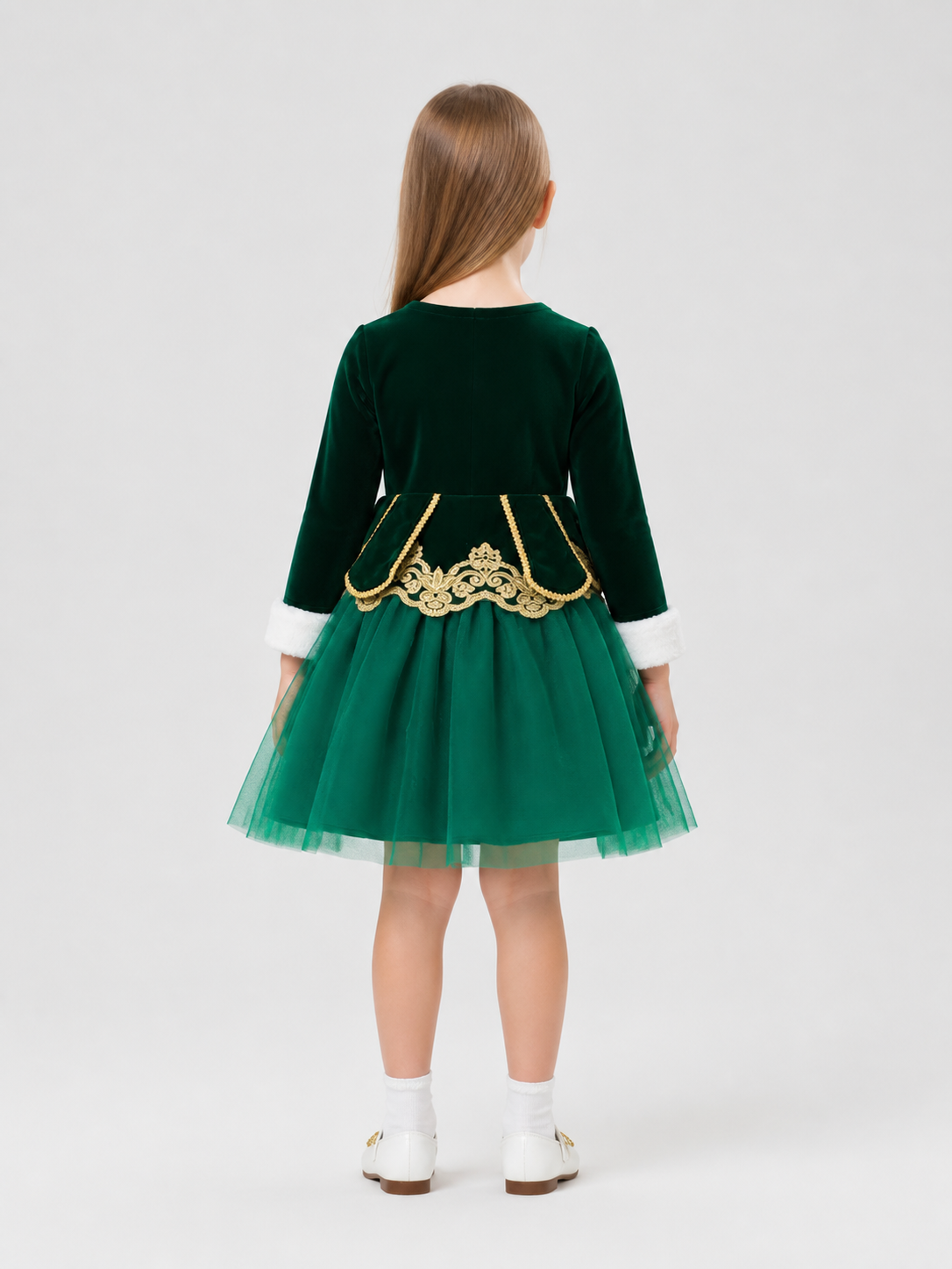 Children’s Christmas Dress with Full Skirt and Embroidery back view