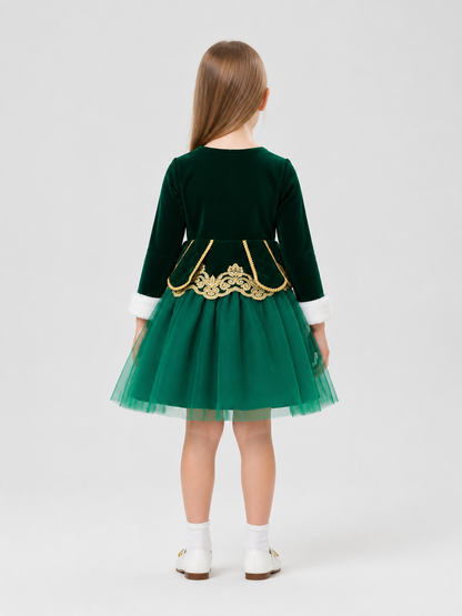 Children’s Christmas Dress with Full Skirt and Embroidery back view