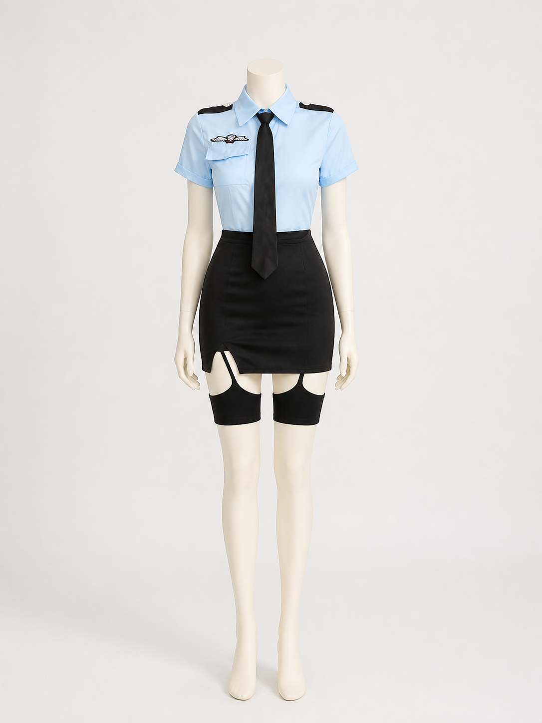 Women's Police Costume - Light Blue Shirt, Black Tie & Pencil Skirt Set back view