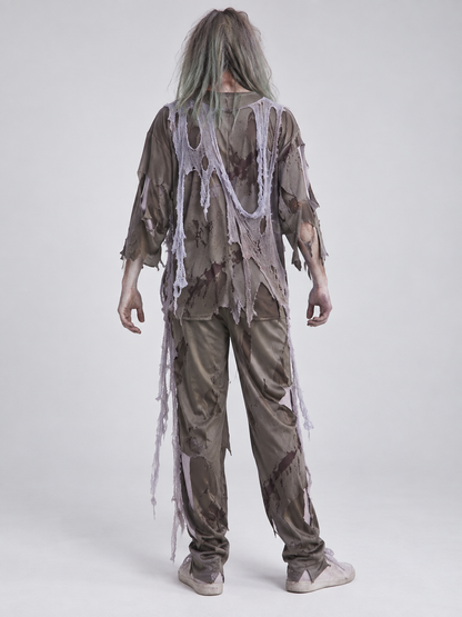 Adult Zombie Costume Gray-Green with Cross Patch