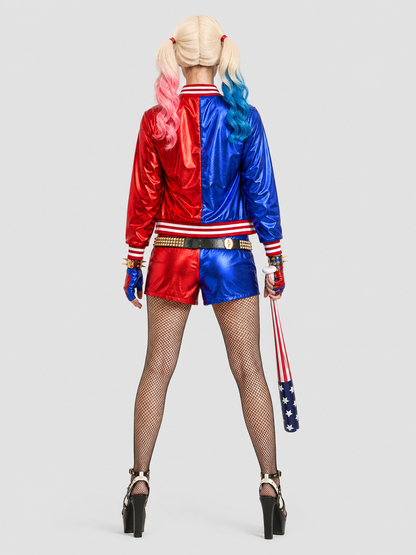 Harley Quinn cosplay costume with wig and accessories back view