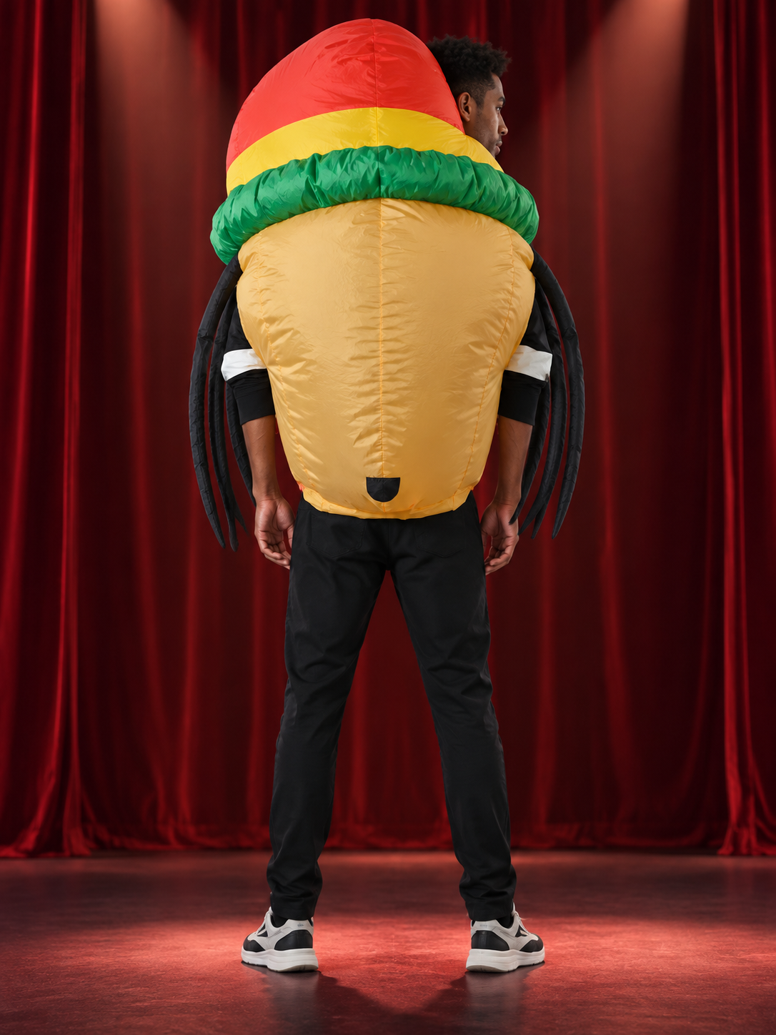 Inflatable carnival costume with fan, hat, and glasses