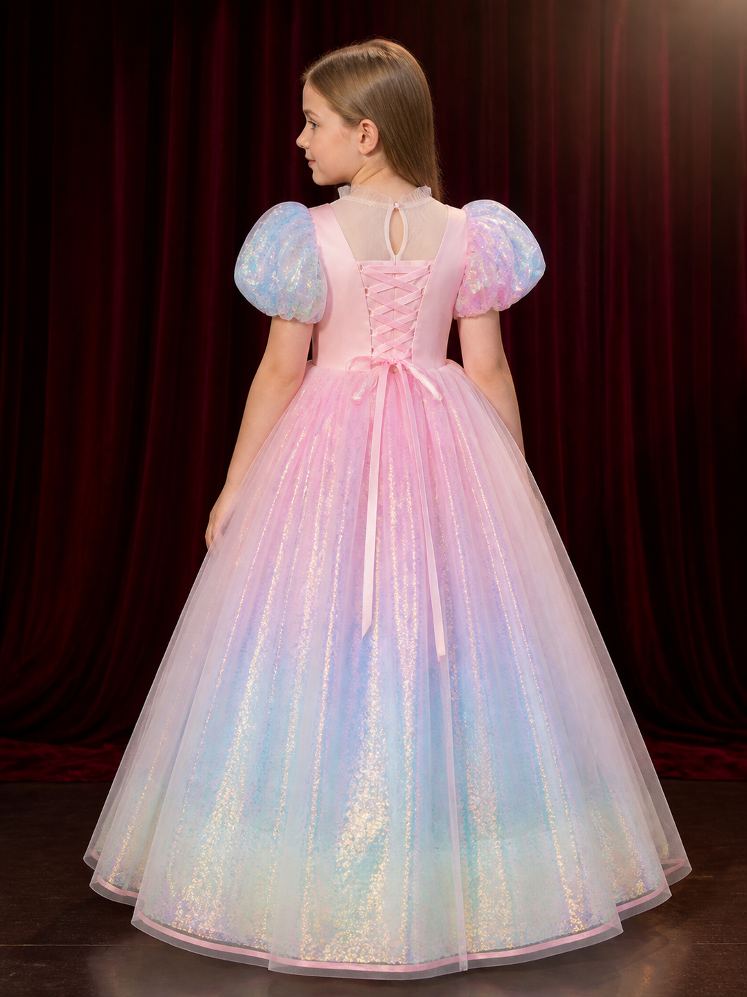 Girls' Rainbow Gradient Sequined Princess Dress with Puff Sleeves back view