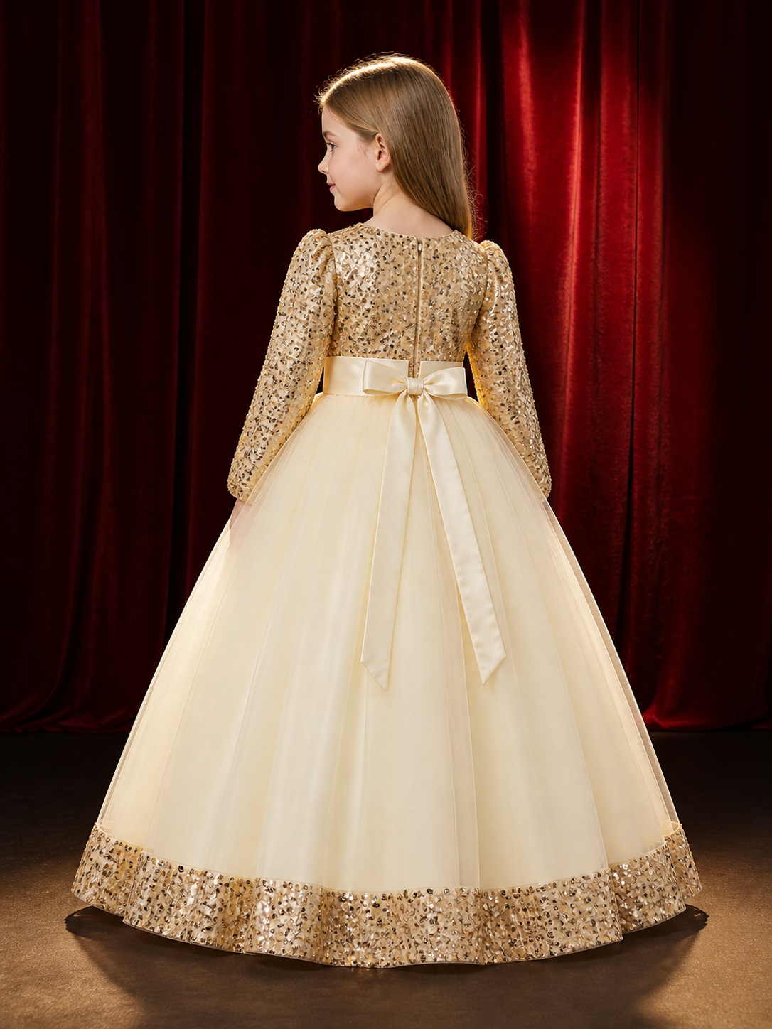 Girls' Champagne Princess Dress, Long Sleeve Sequin Flower Halloween Costume back view