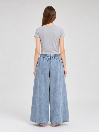 Light Blue Palazzo Pants with an Elastic Waist back view 4