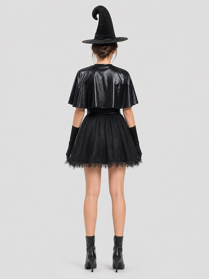 Black Witch Costume with Hat and Gloves for Halloween back view