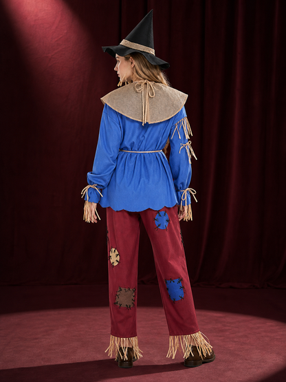 Blue and Burgundy Scarecrow Witch Costume Set with Hat and Fringe Details back view