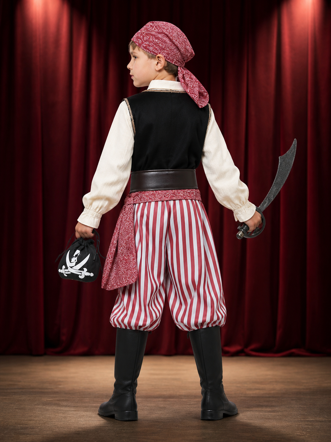Kids Pirate Costume Set - Red and White Striped Pants, Black Vest, White Shirt back view