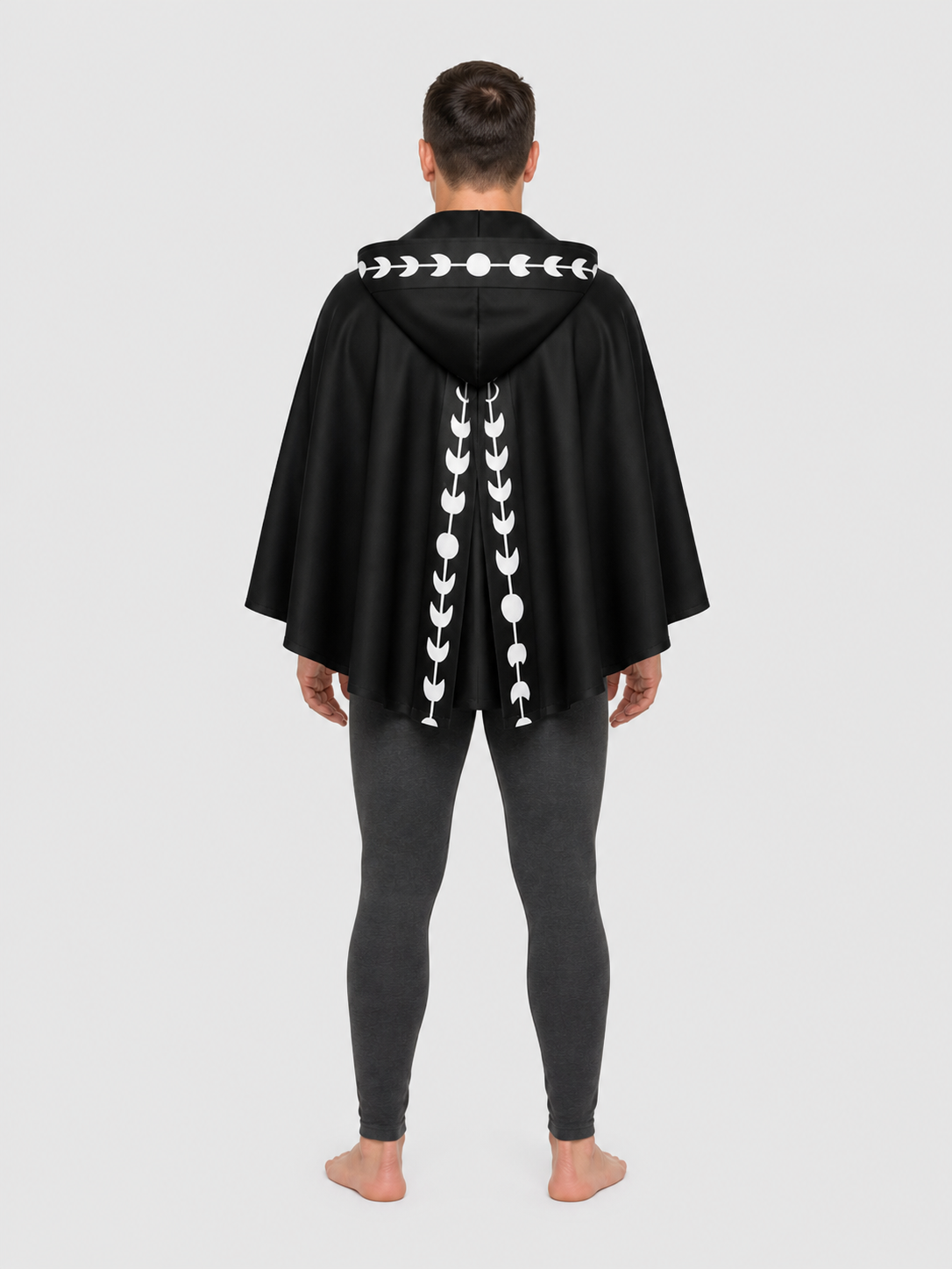 Black and White Hooded Cape with Moon Phases for Halloween back view