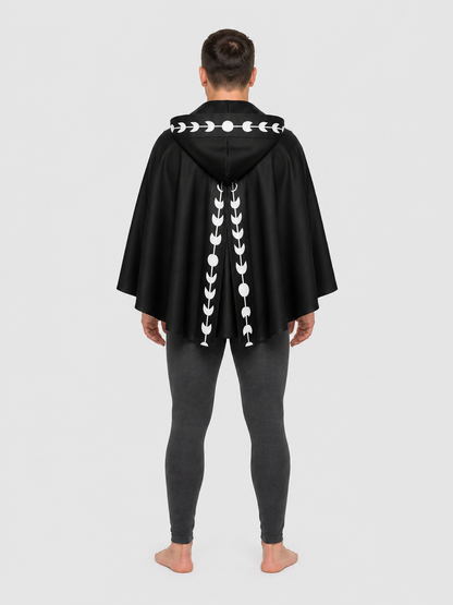 Black and White Hooded Cape with Moon Phases for Halloween back view